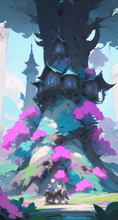 fantahouse, tree, flower,scenery, outdoors, tower <lora:fantahouse-noise:1>