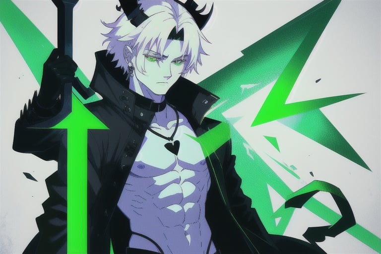 Viego, green sword, black sword, long sword, soul legion, black mist, masculine, man, abs, black jacket, white hair, void heart, lost souls, small green mist triangle on the chest, green chest triangle hole green crown,