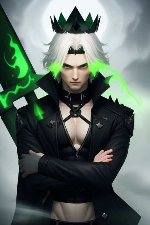 Viego, green sword, black sword, long sword, soul legion, black mist, masculine, man, abs, black jacket, white hair, void heart, lost souls, small green mist triangle on the chest, green chest triangle hole green crown, pale_skin