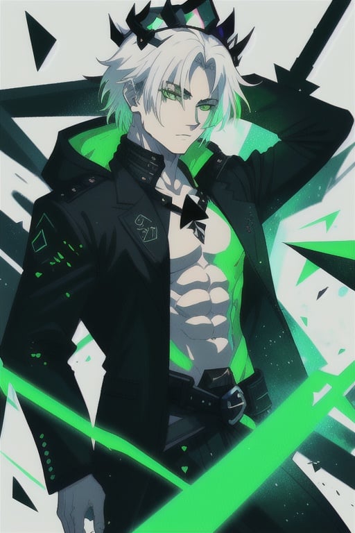 Viego, green sword, black sword, long sword, soul legion, black mist, masculine, man, abs, black jacket, white hair, void heart, lost souls, small green mist triangle on the chest, green chest triangle hole green crown,