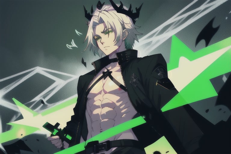 Viego, green sword, black sword, long sword, soul legion, black mist, masculine, man, abs, black jacket, white hair, void heart, lost souls, small green mist triangle on the chest, green chest triangle hole green crown,