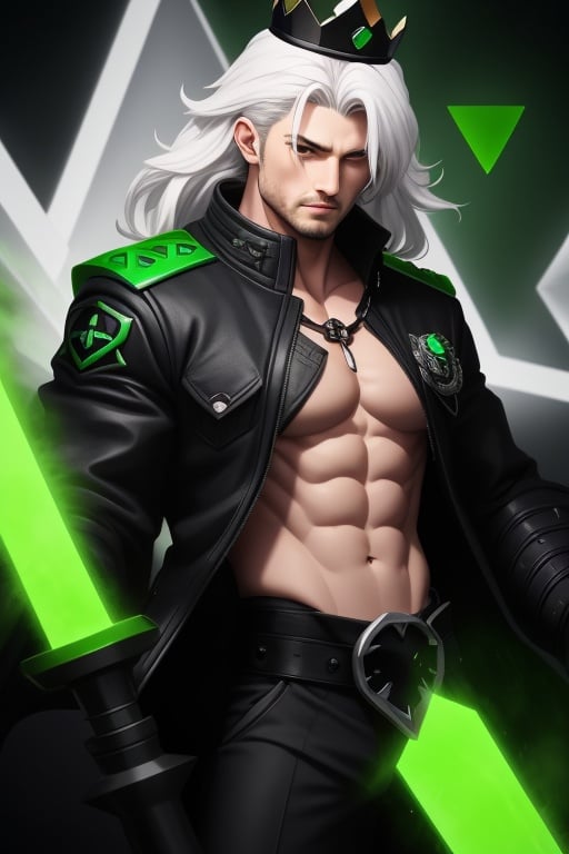 Viego, green sword, black sword, long sword, soul legion, black mist, masculine, man, abs, black jacket, white hair, void heart, lost souls, small green mist triangle on the chest, green chest triangle hole green crown,