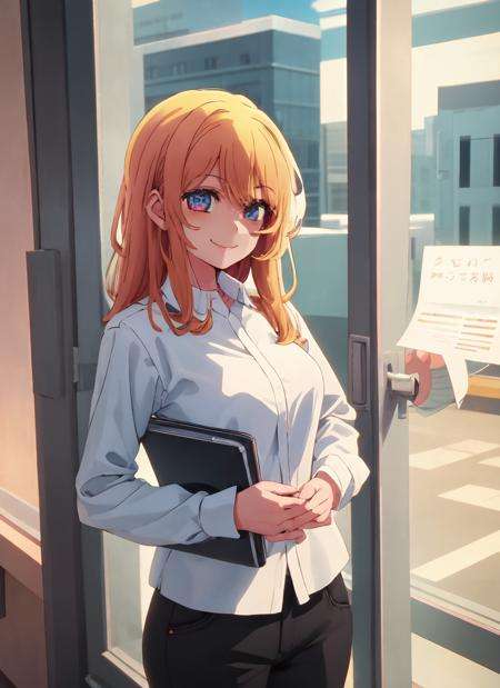 1girl,smile,cowboy shot, office,  <lora:Oshi no Ko Style:1>