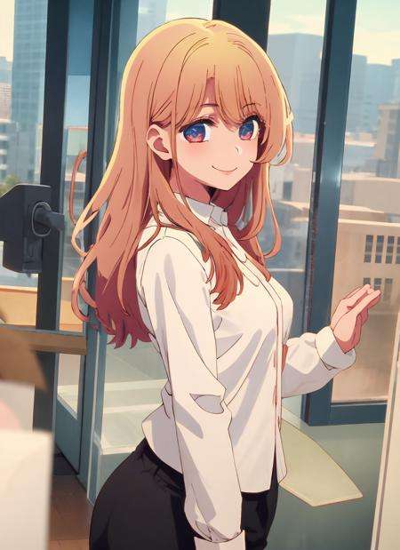 1girl,smile,cowboy shot, office,  <lora:Oshi no Ko Style:1>