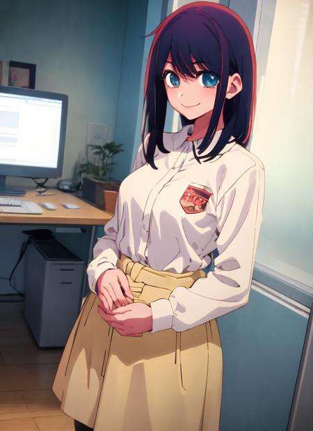 1girl,smile,cowboy shot, office,  <lora:Oshi no Ko Style:1>