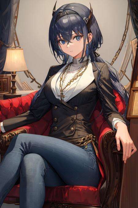 masterpiece, best_quality, clear details,masterpiece, best_quality, clear details,1girl,jeans,sitting, crossed legs, chair,(pinstripe suit),head,o<lora:Cantabile-000005:0.8>,cowboy shot,   <lora:画风-ligneart(cogecha焦茶)(权重可以稍大一些):0.7>