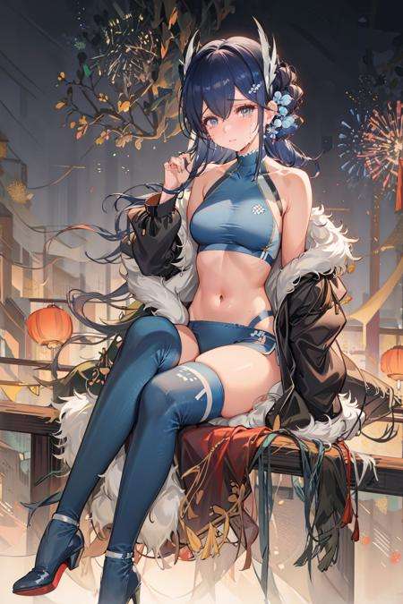 dresscantabile, 1girl, solo, breasts, ((black jacket,sports bra)),navel cutout, high heels, sitting, blue footwear, looking at viewer,fishnet legwear, crying, fireworks, lantern, chinese clothes<lora:dresscantabile:1>