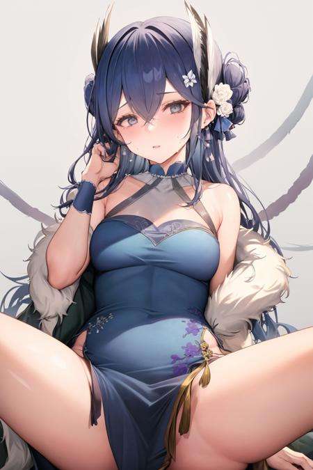 dresscantabile, 1girl, solo, dress, white background, flower,looking at viewer,((hand behind head)), blue dress,spread legs,simple background, feather boa, chinese clothes, china dress <lora:dresscantabile:1><lora:画风-mochirong-000005:0.8>