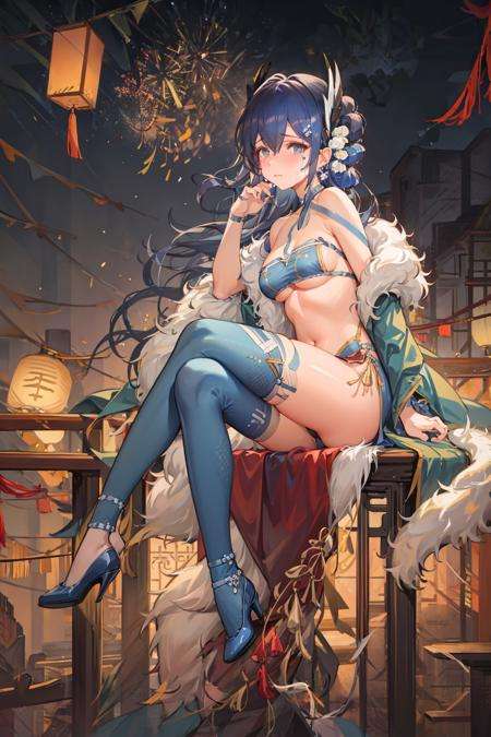 dresscantabile, 1girl, solo, breasts,underboob, hip hop,from side, high heels, sitting, blue footwear, looking at viewer,fishnet legwear, crying, fireworks, lantern, chinese clothes<lora:dresscantabile:1>