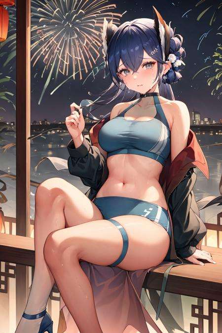 dresscantabile, 1girl, solo, breasts, ((black jacket,sports bra)),navel cutout, high heels, sitting, blue footwear, looking at viewer,fishnet legwear, crying, fireworks, lantern, chinese clothes<lora:dresscantabile:1>