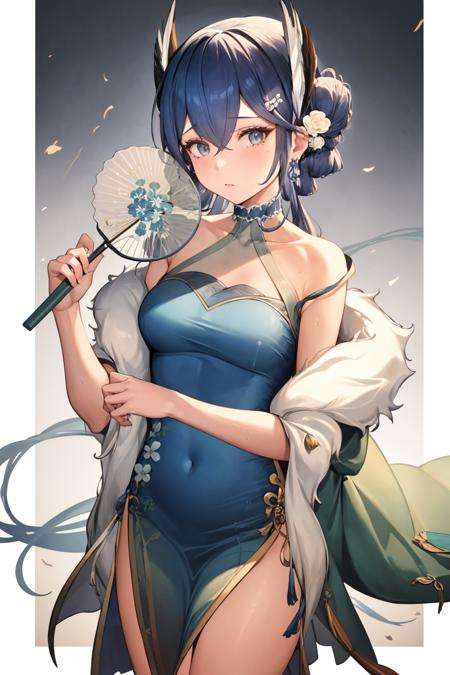 dresscantabile, 1girl, solo, dress, holding, white background, flower, hand fan, looking at viewer, holding fan, blue dress, simple background, feather boa, chinese clothes, china dress <lora:dresscantabile:1>