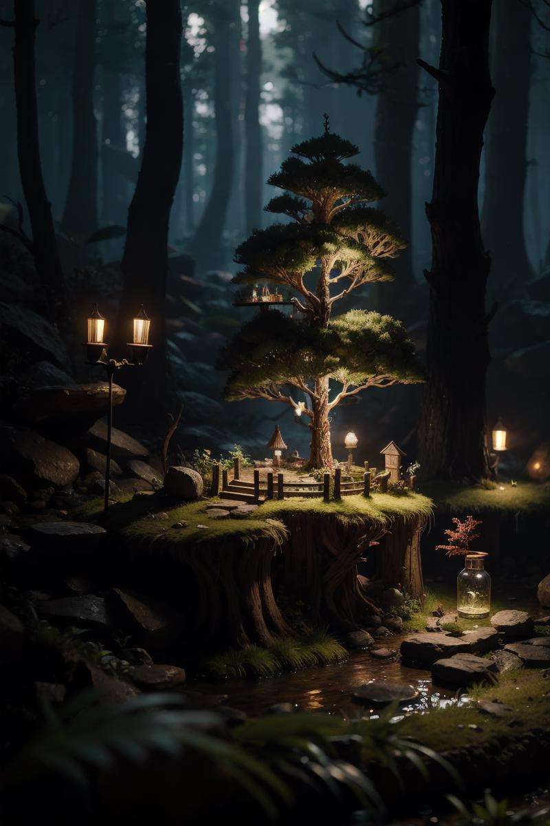 (An intricate forest minitown landscape trapped in a bottle), atmospheric oliva lighting, on the table, 4k UHD, dark vibes, hyper detailed, vibrant colours, epic composition, octane render, sharp focus, high resolution isometric