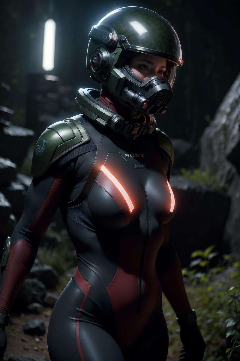Highly detailed RAW color Photo, Rear Angle, Full Body, of (female space soldier, wearing vivid dark red and white space suit, helmet, tined face shield, rebreather, accentuated booty), outdoors, (looking up at advanced alien structure), toned body, big butt, (sci-fi), (mountains:1.1), (lush green vegetation), (two moons in sky:0.8), (highly detailed, hyperdetailed, intricate), (lens flare:0.7), (bloom:0.7), particle effects, raytracing, cinematic lighting, shallow depth of field, photographed on a Sony a9 II, 50mm wide angle lens, sharp focus, cinematic film still from Gravity 2013, (NSFW)
