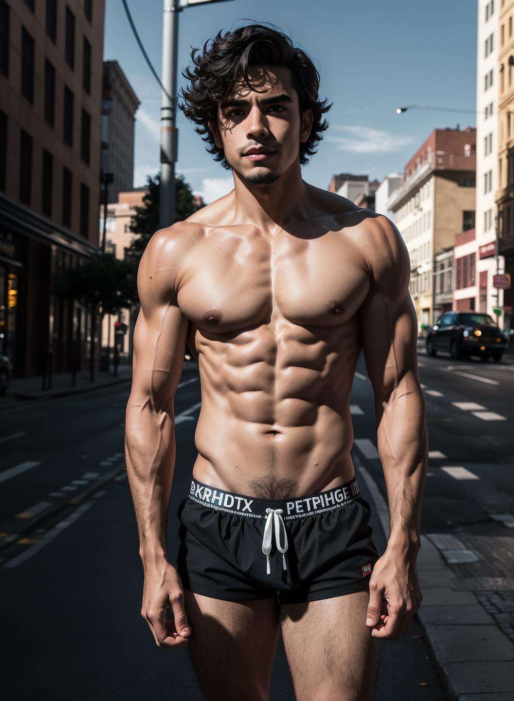 A young man in the city, late afternoon, standing, ((full length)), handsome, muscular, mexican american, latino, wearing revealing shorts, no jewelry, perfect hands, perfect face, the sun lights up his short black curly hair, sun light falls upon his hairy legs, show feet, Award - winning, portrait photograph shot with Kodak Portra 800, a Hasselblad 500C, 55mm f/ 1. 8 lens, extreme depth of field, available light, high contrast, Ultra HD, HDR, DTM, 8K