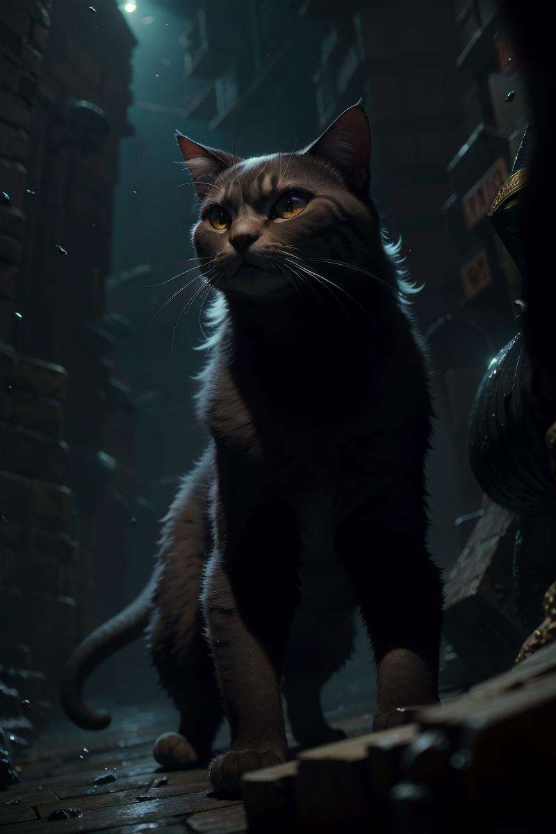 ultra wide angle, in focus, epic background, gorgeous lifelike, moody, dynamic pose of a fish, cat, the full and whole body, full length shot, hyper details, lighting art, cinematic, insane details, intricate details, hyperdetailed