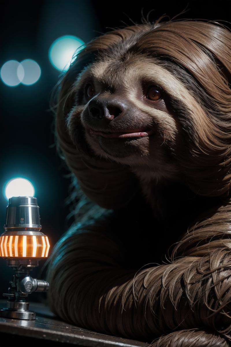 postapocalypse, highly detailed RAW color photo, of a (wise old sloth:1.2), atompunk_\(setting\), Cyrillic, (retrofuturism), mechanical, gears, vivid details, (oil:0.6), (([Tesla Coil|Nixie Tube])), (highly detailed, hyperdetailed), (bloom:0.4), soft lighting, (side lighting:0.8), shadow casting, deep focus, photographed on a Sony Alpha 7 IV Full-frame Mirrorless Camera, 24mm lens, F/8 aperture, film still