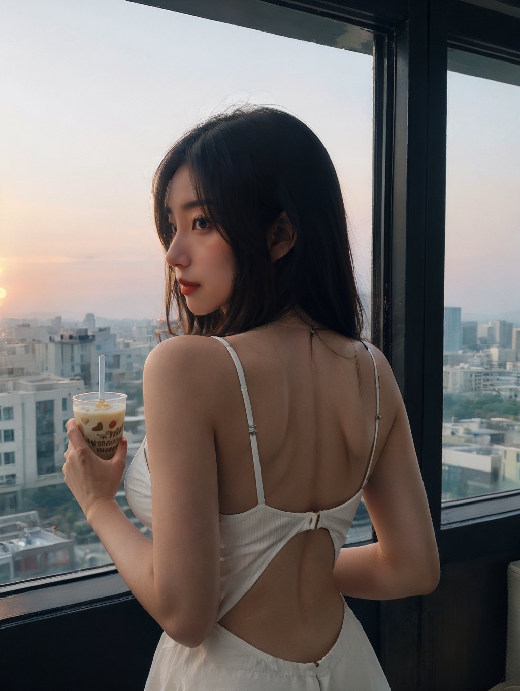 1girl,moyou,upper body,<lora:largewindow_20230531163119:0.6:KEEPBG>,milk tea,sunset,a girl with her back against the sunset and milk tea in her hand,