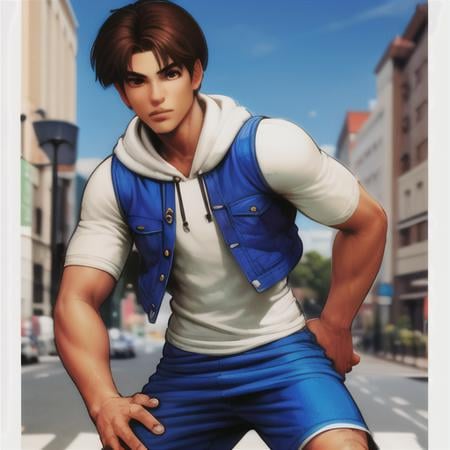 <lora:kensou-000006:1>  hands on waist , boy,  19y.o., blue jacket, white hoodie, blue shorts<hypernet:samdoesartsHypernetwork_v422500Steps:0.058>