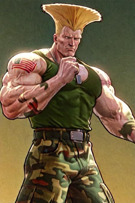 sfguile, 1guy,  detailed face, detailed eyes, flag tattoo, 40yo, green tanktop, camouflage pants, muscular, necklace  <lora:SFGuile-000003:1>