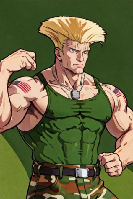 sfguile, 1guy,  detailed face, detailed eyes, flag tattoo, 40yo, green tanktop, camouflage pants, muscular, necklace  <lora:SFGuile-000003:1>