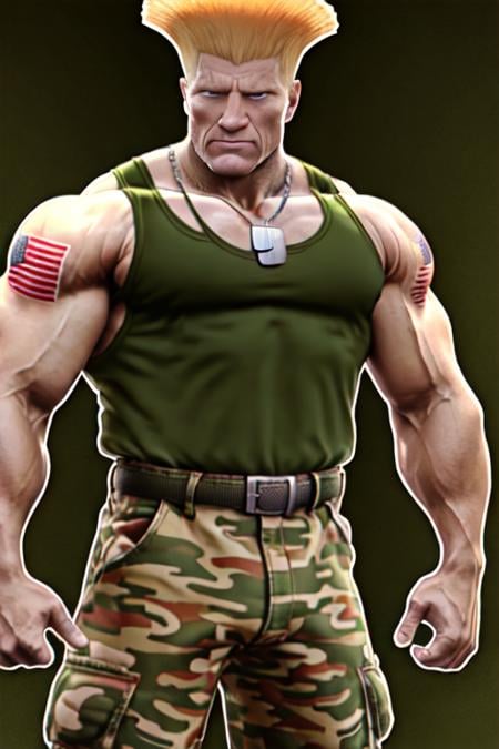 sfguile, 1guy,  detailed face, detailed eyes, flag tattoo, 40yo, green tanktop, camouflage pants, muscular, necklace  <lora:SFGuile-000003:1>