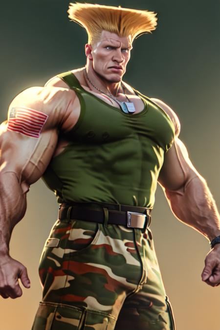 sfguile, 1guy,  detailed face, detailed eyes, flag tattoo, 40yo, green tanktop, camouflage pants, muscular, necklace  <lora:SFGuile-000003:1>