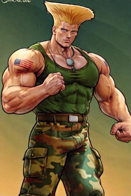 sfguile, 1guy,  detailed face, detailed eyes, flag tattoo, 40yo, green tanktop, camouflage pants, muscular, necklace  <lora:SFGuile-000003:1>