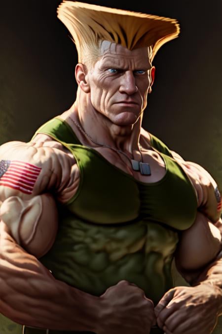 sfguile, 1guy,  detailed face, detailed eyes, flag tattoo, 40yo, green tanktop, camouflage pants, muscular, necklace  <lora:SFGuile-000003:1>