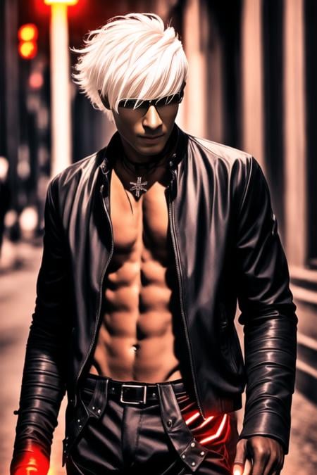 kdash, 1boy, solo, necklace, black leather jacket, leather pants,  red lens sunglasses, masterpiece,(city night:1.2), raw photo, highres, sharp picture, cinematic lighting, white hair, red glove, intricate details,  <lora:GoodHands-beta2:1>  <lora:KDashKOF-000004:1>