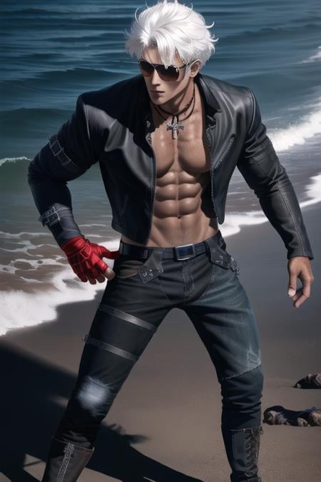 kdash, 1boy, solo, necklace,  detailed face, black leather jacket, black pants, sweaty skin, detailed face, sunglasses, red glove, masterpiece, detailed eyes, sea, (full body:1.3), (black boots:1.2), on sand, beach, palms, highres, sharp picture, mood lighting, white hair, intricate details, handsome man , detailed eyes<lora:GoodHands-beta2:1>  <lora:KDashKOF-000004:1>   <lora:LowRA:0.5>