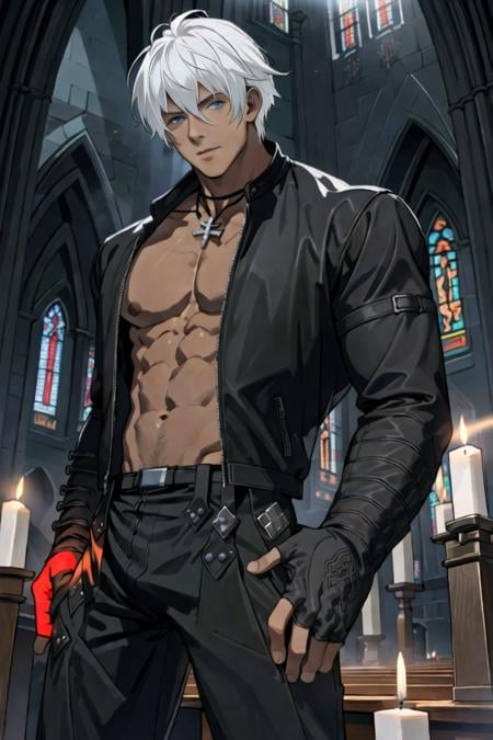 kdash, 1boy, solo, necklace, black leather jacket, leather pants, masterpiece, detailed eyes, hands on pocket,  (inside the church, colored vitrals,sun rays, candles:1.2), raw photo, highres, sharp picture, cinematic lighting, white hair, red glove, intricate details, handsome man , detailed eyes<lora:GoodHands-beta2:1>  <lora:KDashKOF-000004:1>  <lora:LowRA:0.1>