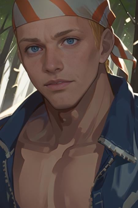 billykane,solo, 1guy, male,bandana, denim blue jacket, closeup,portrait, cinematic lighting,  bara:1.4, forest background, atmospheric, <lora:BillyKane-000005:1>  