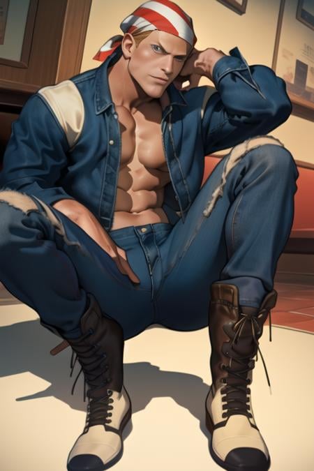 billykane,solo, 1guy, male,bandana, denim blue jacket, denim pants, handsome, boots, muscular, bara:0.5, at restaurant (detailed:1.2),  atmospheric, <lora:BillyKane-000005:1>  