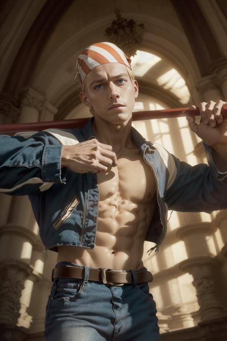 billykane, medium shot, 1guy, male,bandana, jacket, denim pants, belt, holding staff,  red staff, blonde hair, detailed eyes, best quality, masterpiece, highres, perfect picture, highly detailed, high contrast, construction site  <lora:BillyKane-000005:1>