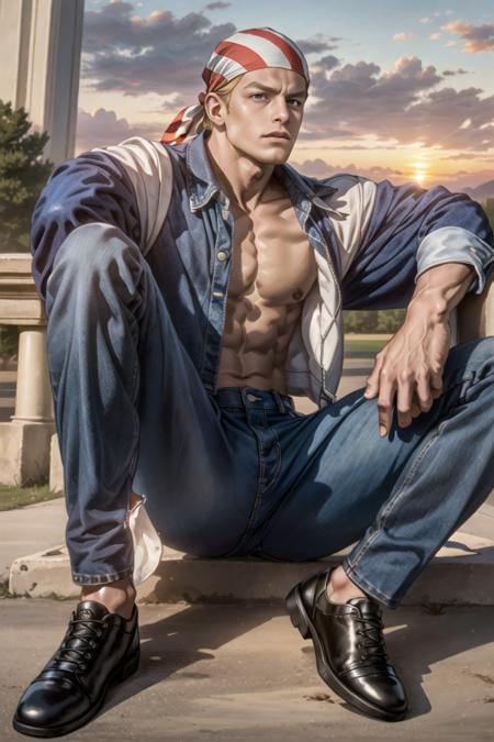 billykane,solo, 1guy, male,bandana, denim blue jacket, denim pants,  muscular, bara:0.5, sunset at the park, sitting <lora:BillyKane-000005:0.95> 