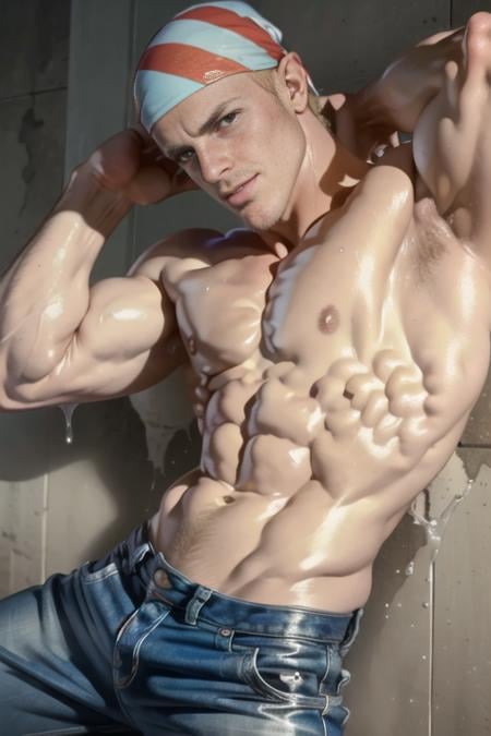 billykane, full body and head shot, bandana, shirtless, pectorals, abs, handsome man wearing blue pants, blonde hair, relaxed pose, best quality, SoakingWetClothes,  <lora:BillyKane-000005:1> <lora:lora_SoakingWetClothes2_19200_lora-SD15NewVAEpruned:0.75>