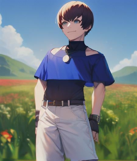 masterpiece, best quality, 1boy, solo, ChrisKOF, (blue crop top), (black turtle neck shirt) (white pants) (necklace)  field of flowers,  <hypernet:samdoesartsHypernetwork_v422500Steps:0.058> <lora:ChrisKOF:1> teenager, anime:1.3