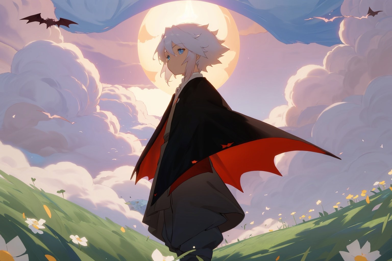 (((masterpiece))),(((best quality))),(anime:1.1),<lora:Sky_3.0-000008:0.7>,Sky：Children of the Light,Sunset Valley,(1boy:1.1),Bat Cloak,blue eyes,white hair,grass,cloud mass,flower,solo,Facing the camera·,positive description,