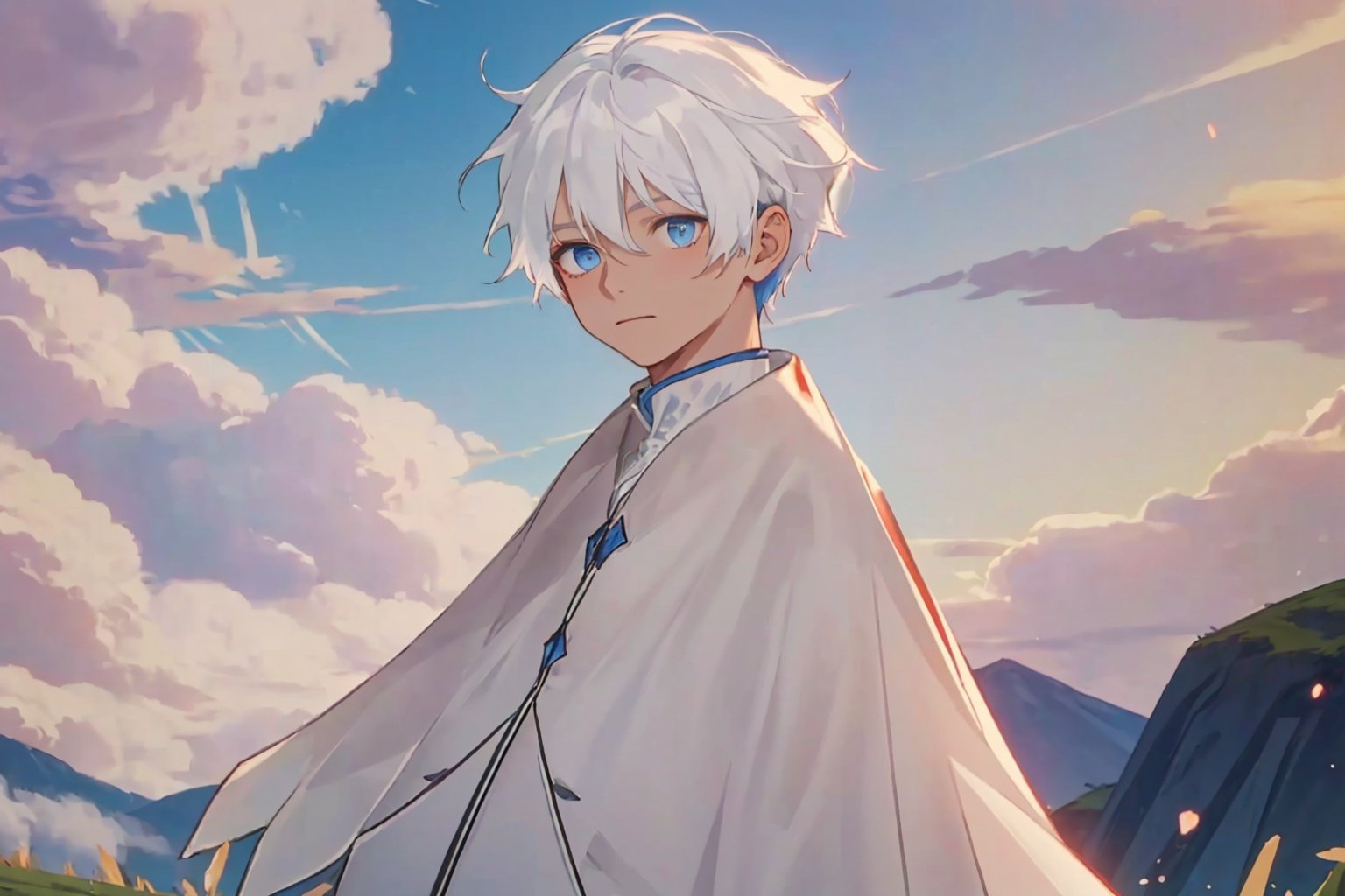 (((masterpiece))),(((best quality))),White Cloak,cloud,day,blue sky,grass,blue eyes,white hair,blue eyes,1boy,solo,(positive description:1.4),