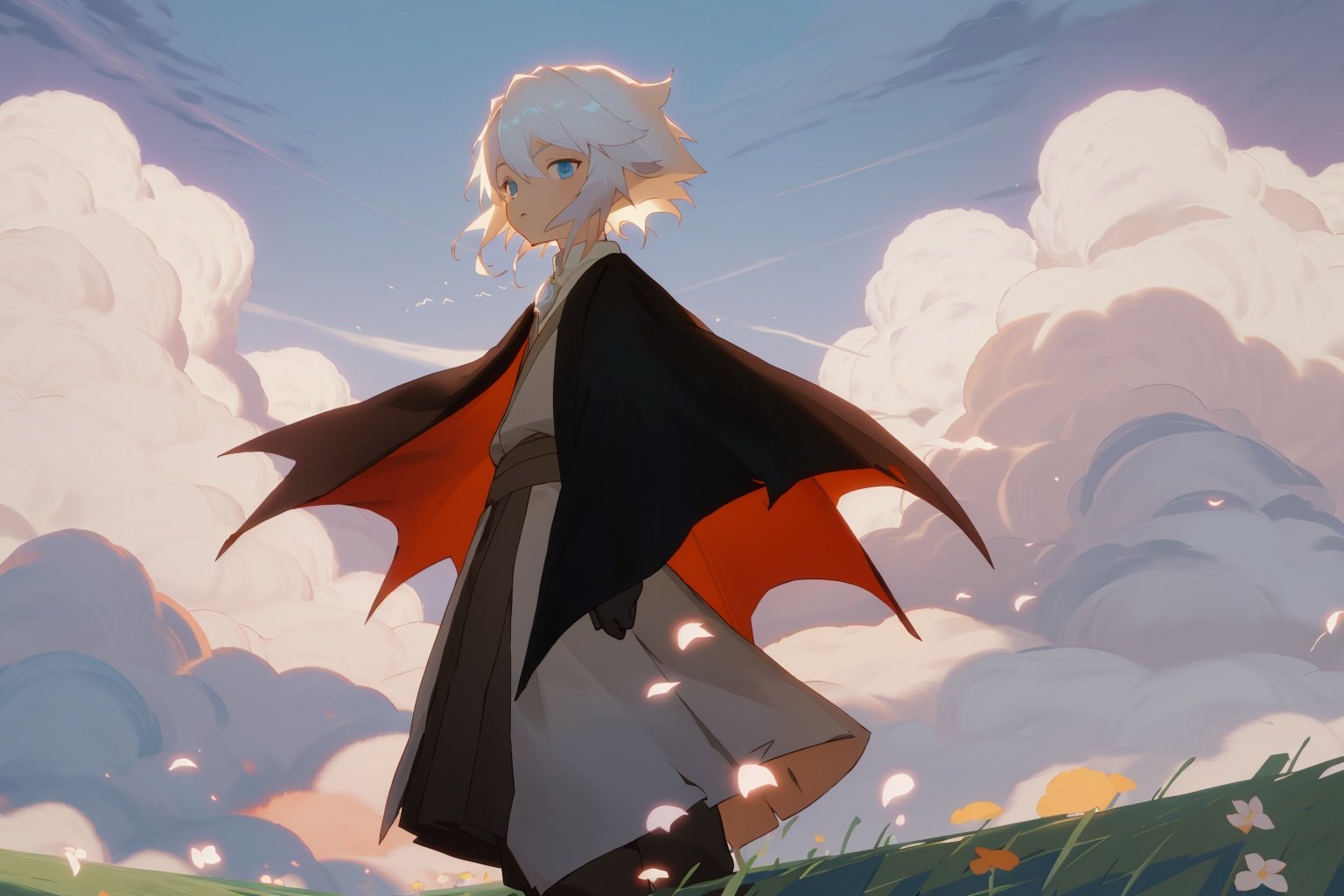 (((masterpiece))),(((best quality))),(anime:1.1),<lora:Sky_3.0-000008:0.7>,Sky：Children of the Light,Sunset Valley,(1boy:1.1),Bat Cloak,blue eyes,white hair,grass,cloud mass,flower,solo,Facing the camera·,positive description,