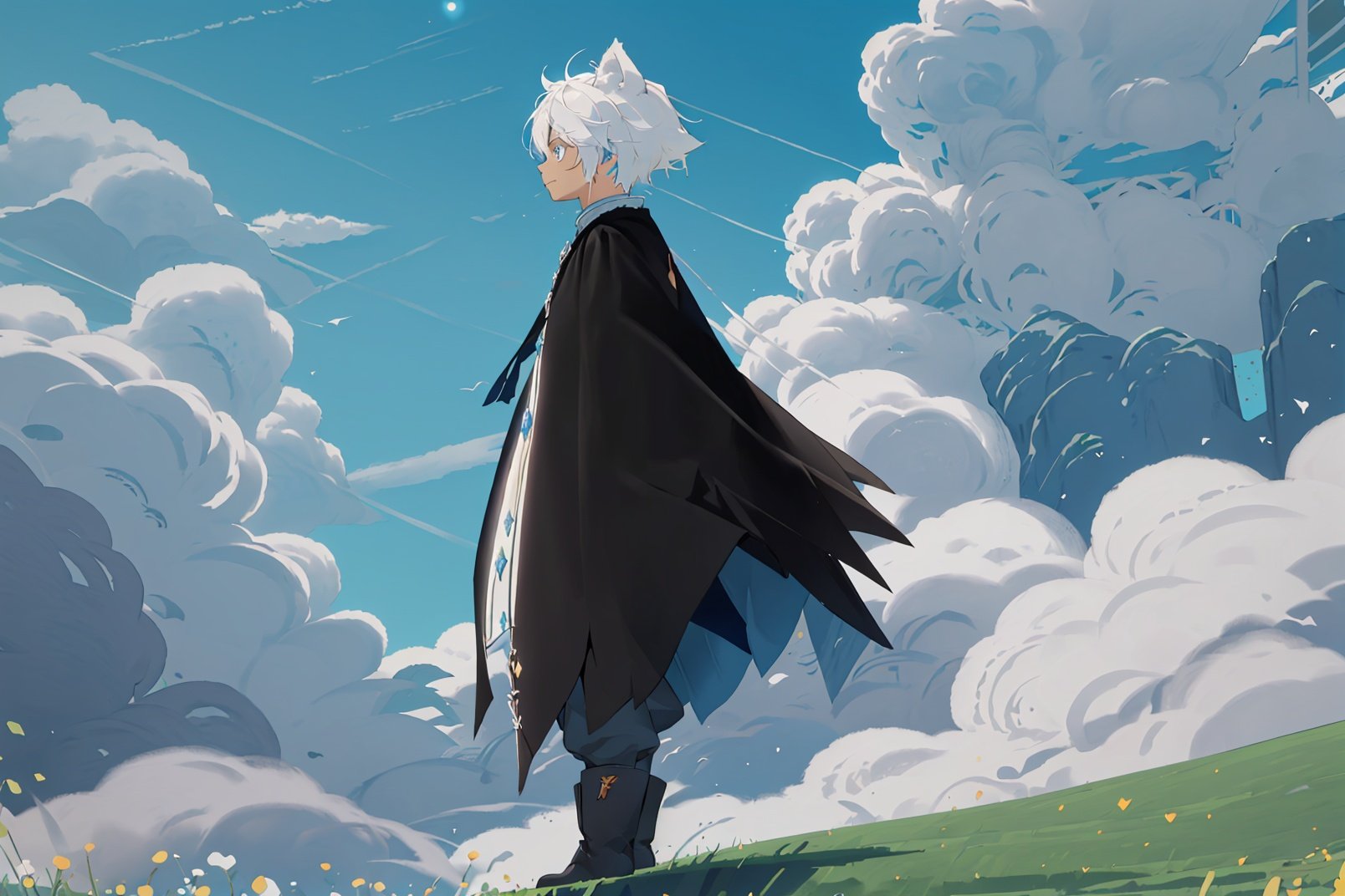 (((masterpiece))),(((best quality))),<lora:Sky_3.0-000008:0.7>,Sky：Children of the Light,Cloud Field,cloud,day,blue sky,grass,(profile:1.1),blue eyes,(approaching the camera:1.1),white hair,blue eyes,cloak,1boy,solo,(looking towards the camera:1.2),character centered,cat ears,(full body close-up:0.9),(positive description:1.1),