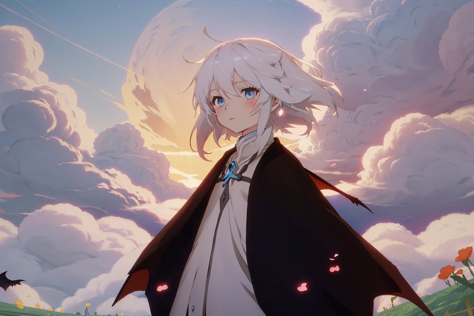 (((masterpiece))),(((best quality))),(anime:1.1),<lora:Sky_3.0-000008:0.7>,Sky：Children of the Light,Sunset Valley,(1girl:1.1),Bat Cloak,blue eyes,white hair,grass,cloud mass,flower,