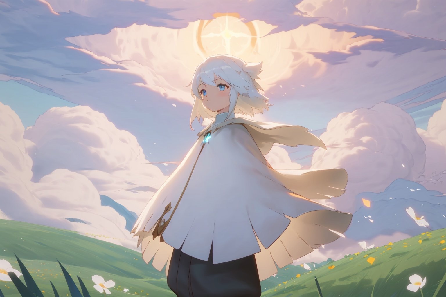 (((masterpiece))),(((best quality))),(anime:1.1),<lora:Sky_3.0-000008:0.7>,Sky：Children of the Light,Sunset Valley,(1girl:1.1),White Cloak,blue eyes,white hair,grass,cloud mass,flower,