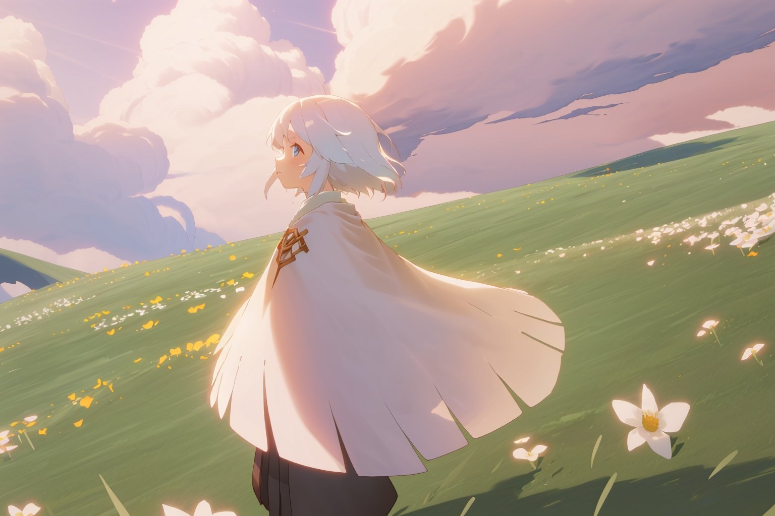 (((masterpiece))),(((best quality))),(anime:1.1),<lora:Sky_3.0-000008:0.7>,Sky：Children of the Light,Sunset Valley,(1girl:1.1),White Cloak,blue eyes,white hair,grass,cloud mass,flower,