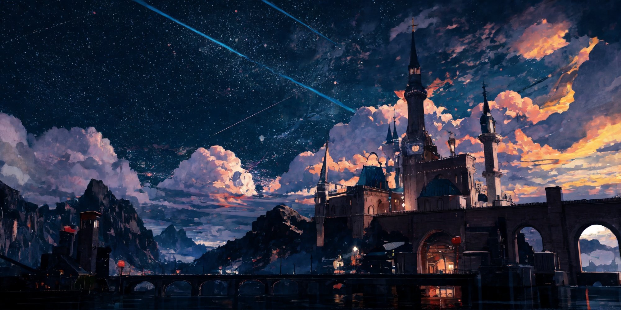 (masterpiece:1.2), best quality,fantasy,Night scene, scenery, sky, cloud, no humans, night, star (sky), outdoors, tower, building, fantasy, starry sky, night sky, water, cloudy sky, city <lora:UE_20230717224732-000003:0.6>