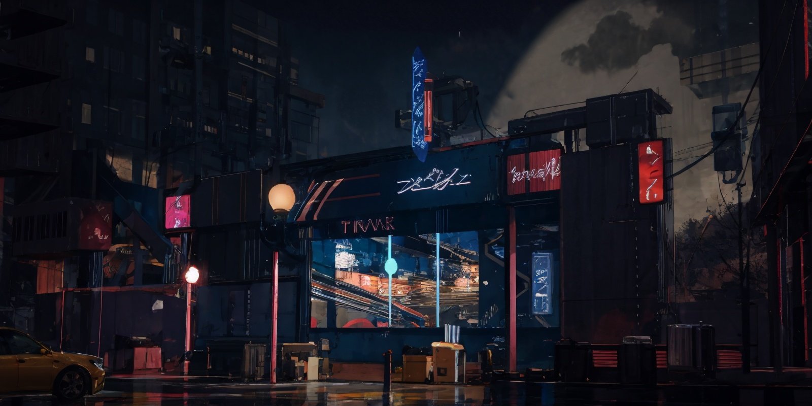 (masterpiece:1.2), best quality,fantasy,letterboxed, scenery, neon lights, outdoors, city, sign, building, night, ground vehicle <lora:UE_20230717224732-000003:0.6>