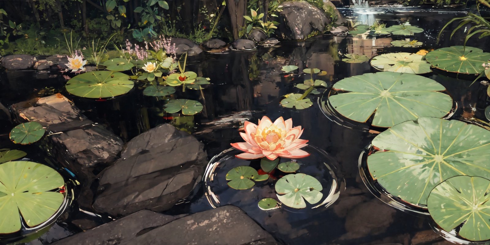 (masterpiece:1.2), best quality,fantasy,scenery, from above, water, no humans, flower, lily pad, outdoors, rock, food <lora:UE_20230717224732-000003:0.6>