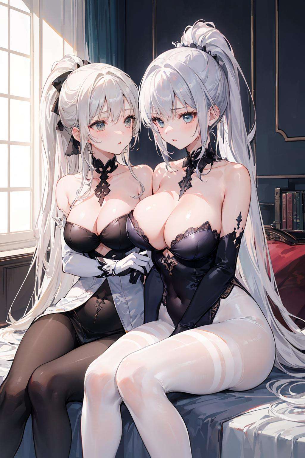 (((2 girls))),ray tracing, (dim light), [realistic] ((detailed background (bedroom))),(((silver hair)), (((A long disheveled silver-haired, busty yet slender girls with a high ponytail))) are  in the ominous bedroom, averting their blonde eyes, ((and the girls wear intricate embroidered black high slit cheongsams with pantyhose and white fur trim elbow gloves)), as the girls sitting in quite intimate contact each other to show off their delicate svelte figures and lissome curvaceous beauties,correct limbs