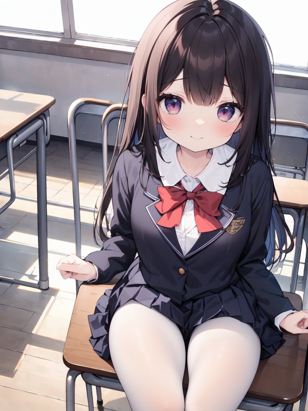 (best quality:1.4), intricate, elegant, highly detailed, digital painting, artstation, smooth, sharp focus, illustration, 1girl, sunshine, <lora:白丝雪糕[baisixuegao-whitepantyhose]:0.5>, white pantyhose, classroom, on chair, high school uniform, high school uniform skirt, 