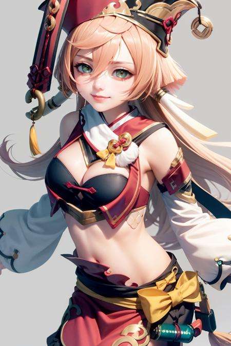 masterpiece, best quality, <lora:yanfei:1>,1girl,smile,yanfei \(genshin impact\),hat,antlers, pink hair,long hair,greey eyes,cleavage,black bra,bare shoulders, detached sleeves,long sleeves, crop top, midriff,red skirt ,yellow bow,revealing clothes,grey background, 